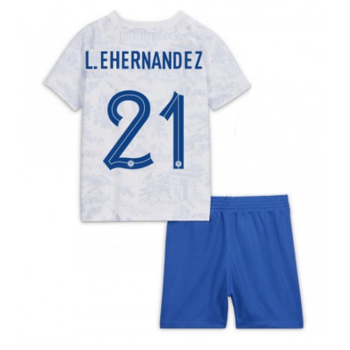 Otroški Nogometni dresi Francija Lucas Hernandez #21 Gostujoči SP 2022 Kratek Rokav (+ Kratke hlače)